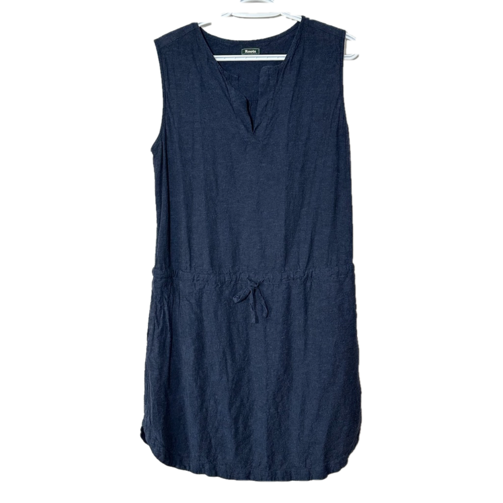Roots Blue Linen Blend Dress Sleeveless Drawcord Curved Hem Pockets Size Medium